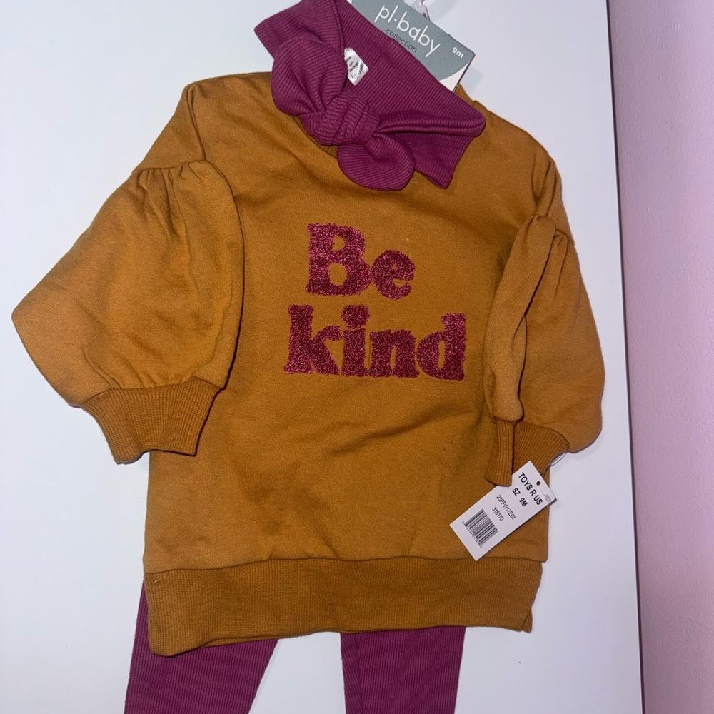 pl-baby Kids "Be Kind" Mustard & Berry Matching Set with Headwrap NWT